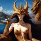 Fantasy illustration: Woman in golden armor with dragon by ocean.