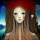 Surreal portrait: female figure merged with tree, cosmic elements, starry sky, mountainous