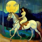 Woman in yellow dress on white horse in stylized forest with yellow swirl