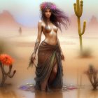 Mystical woman in wide-brimmed hat walking through desert scenery