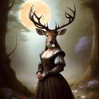 Mystical woman with antlers in forest under glowing moon