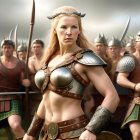 Female Viking warrior in armor with spear leading battalion