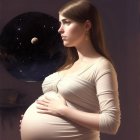 Pregnant woman in white dress with celestial backdrop