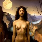 Dark-haired woman in golden dress in fantastical moonlit landscape