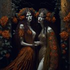 Medieval fantasy women in ornate gowns and headdresses by enchanted mirror