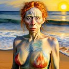 Surreal portrait merging elderly woman with Van Gogh's style on sunset beach