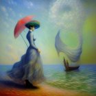 Woman in flowing dress with colorful umbrella by sea, stingrays and boat in dreamy sky