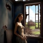 Woman in white dress by broken window gazes at pastoral scene