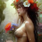 Colorful Flower Crown Adorns Woman in Ethereal Digital Painting