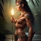 Warrior with body paint and torch in jungle setting wearing golden armor