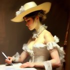 Vintage woman in wide-brimmed hat writing letter with elegant grace