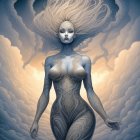 Stylized digital artwork of ethereal woman with intricate blue body patterns