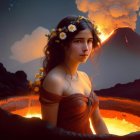 Woman with floral wreath gazing at erupting volcano and flowing lava