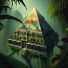 Mystical pyramid in lush jungle with enigmatic symbols