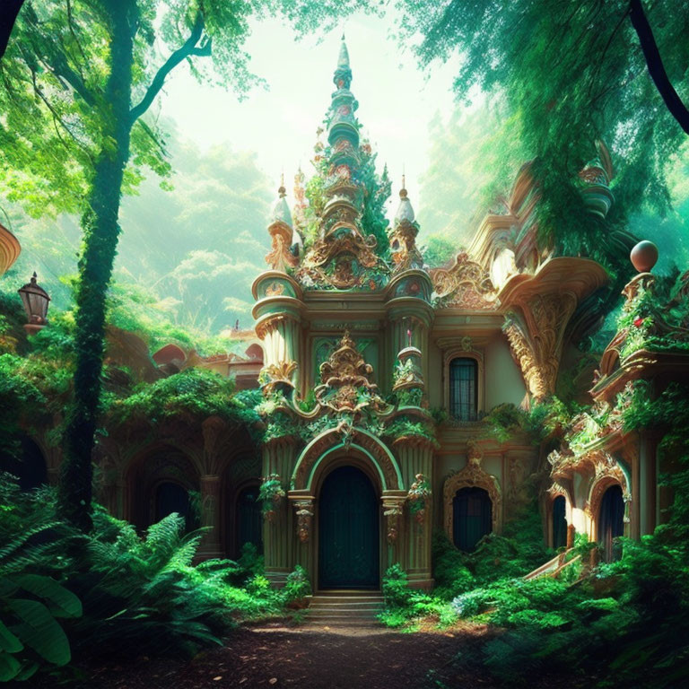 Baroque-style building in lush mystical forest