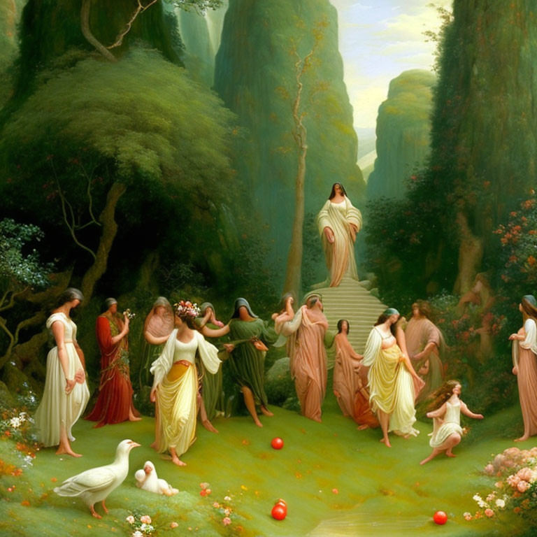 Tranquil painting of women on steps dancing in forest with swans