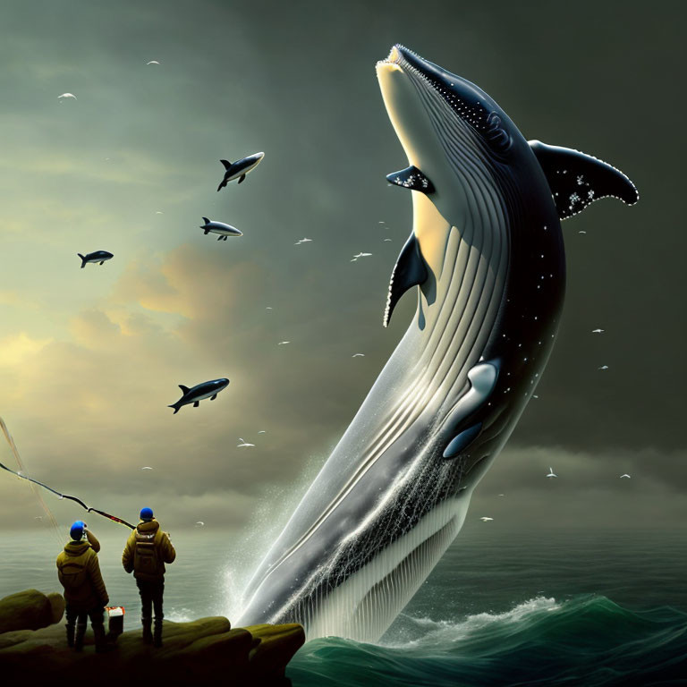 Fishermen observe colossal breaching whale under dramatic sky