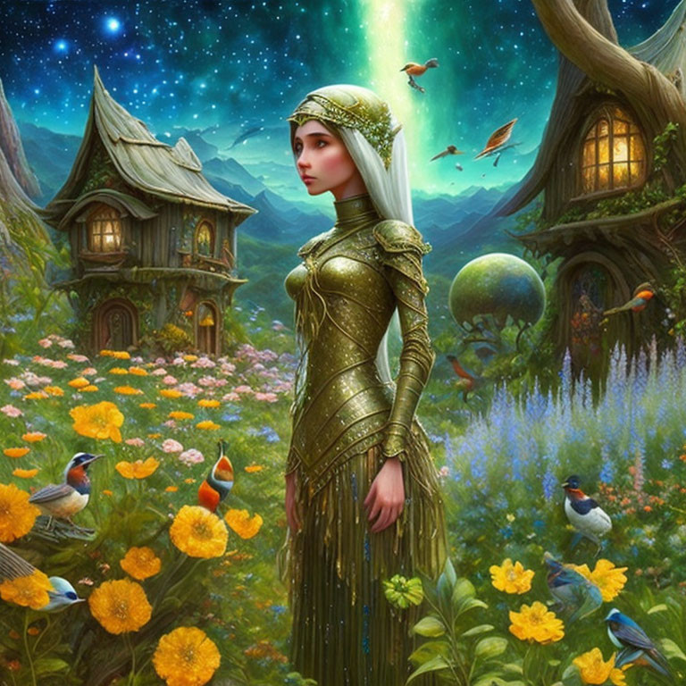 Fantasy illustration of woman in green armor in enchanting meadow