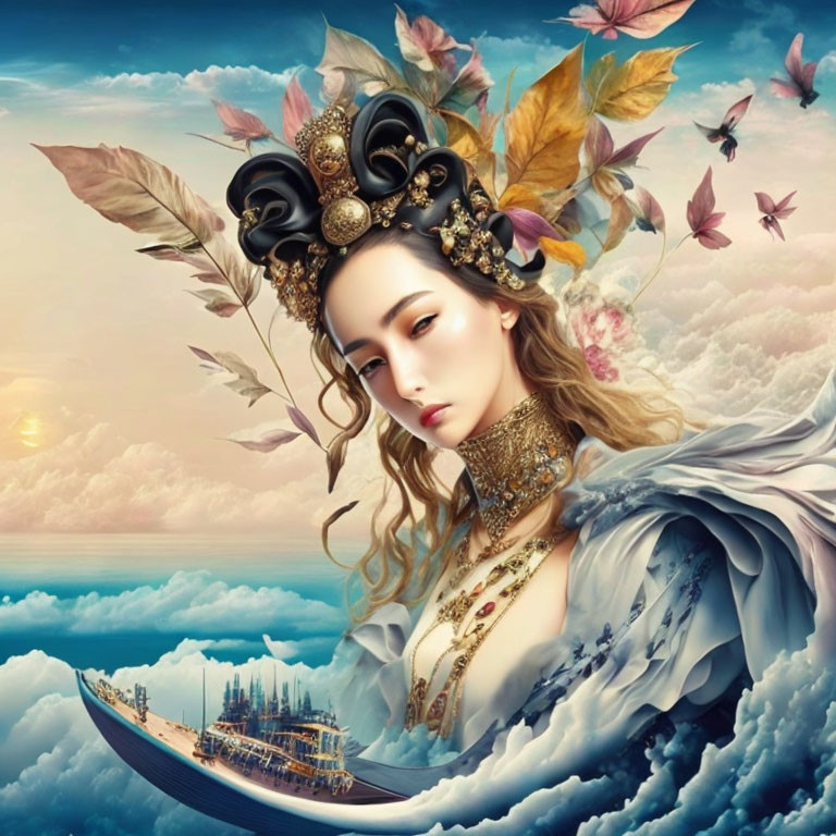 Fantastical portrait of woman with ornate headdress, surrounded by nature and ships in the sky