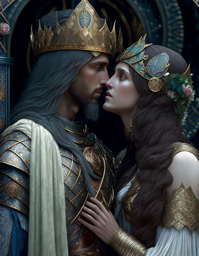 Regal couple in golden crowns and armor embrace against detailed royal fantasy backdrop.