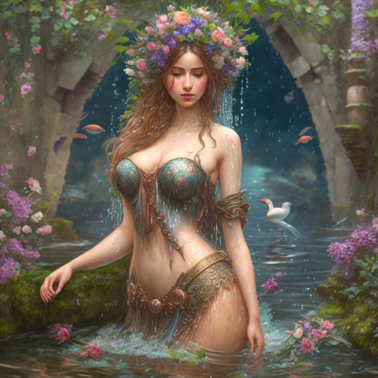 Fantasy artwork: Woman with floral wreath in enchanted forest