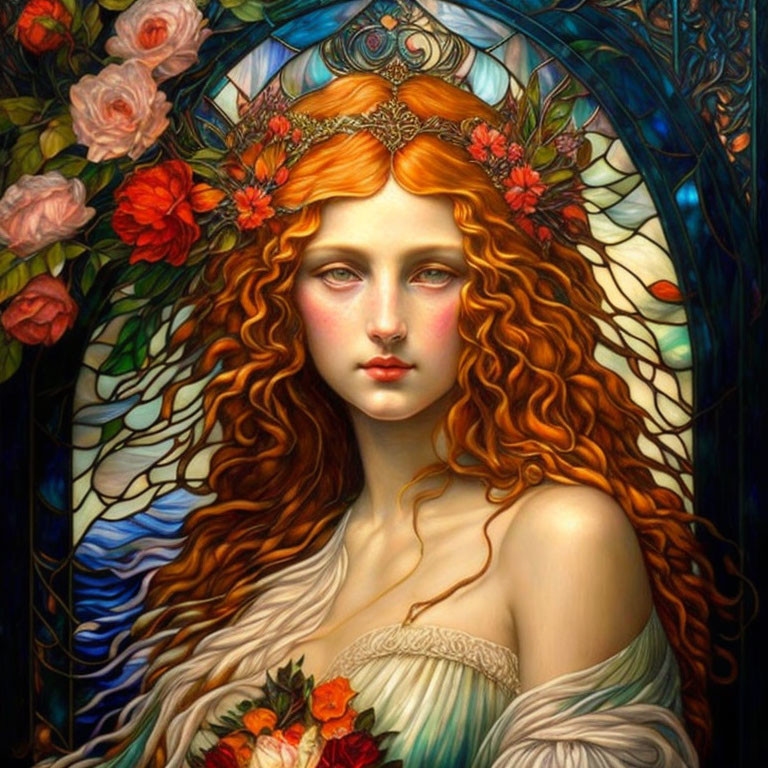 Illustration of woman with red hair, floral crown, stained-glass background