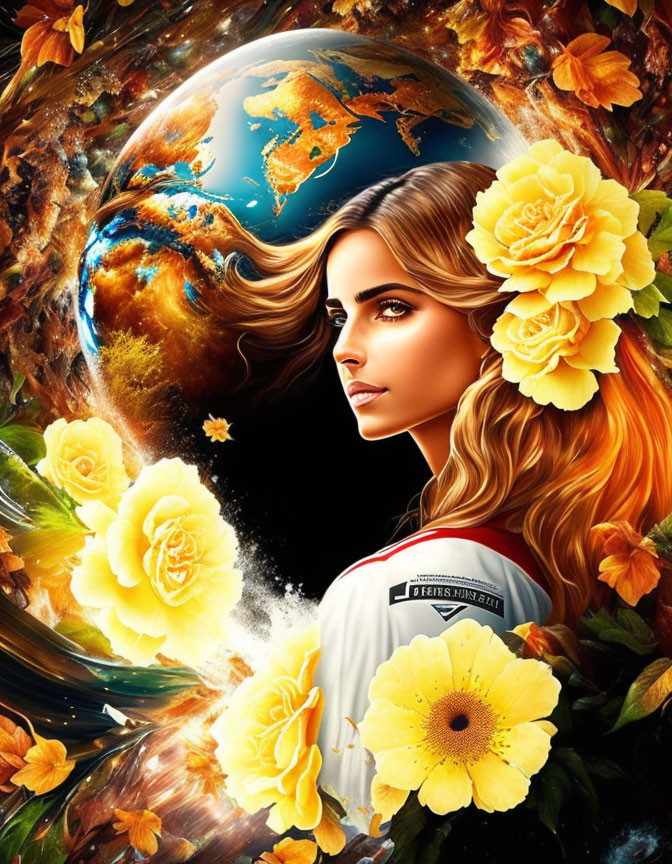 Digital artwork: Woman with flowing hair, yellow flowers, Earth, cosmic backdrop