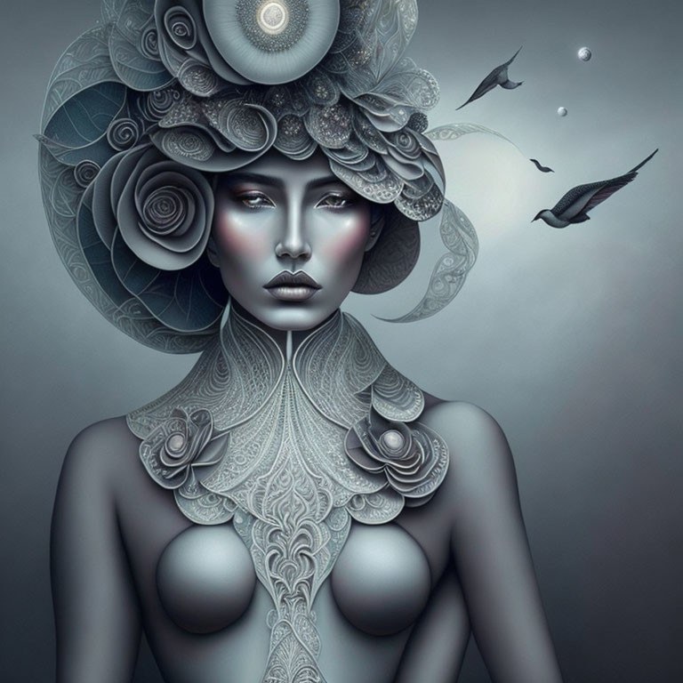 Monochromatic digital artwork of woman with floral headpiece and birds