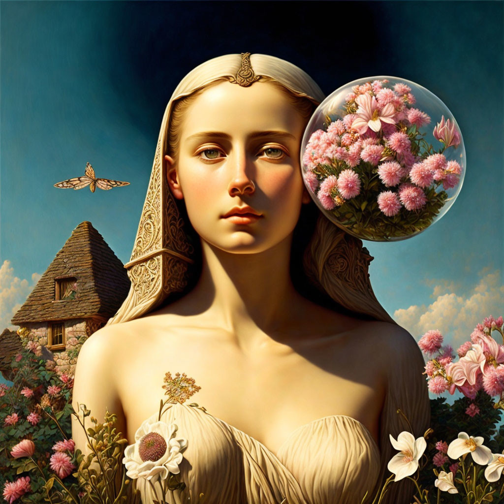 Surreal portrait featuring woman, floral elements, cottage, dragonfly, blue sky