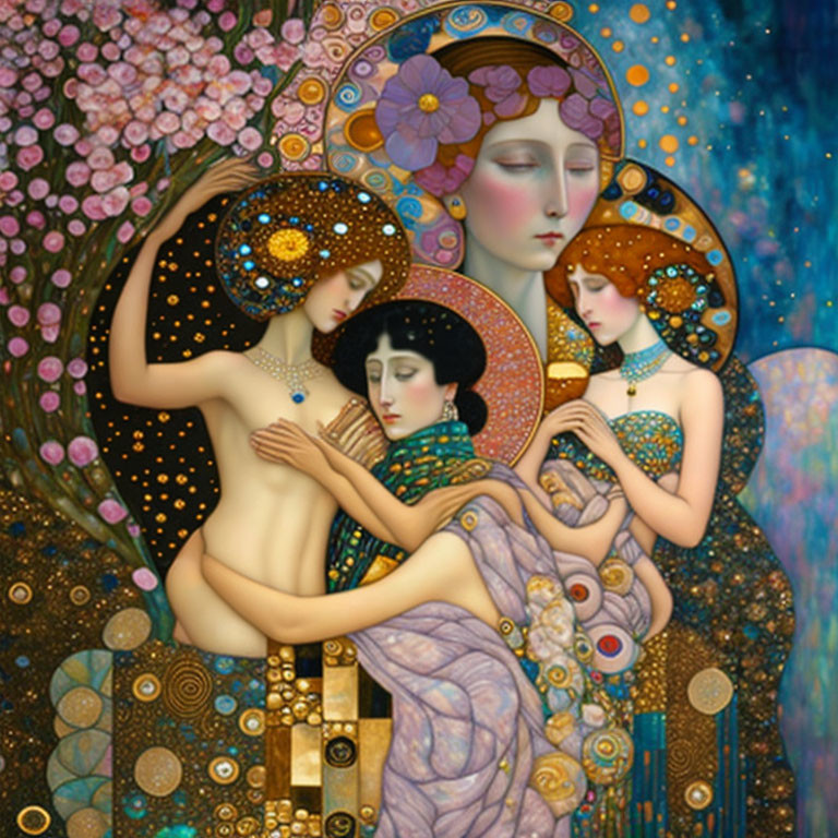 Ornately adorned Art Nouveau figures in celestial setting