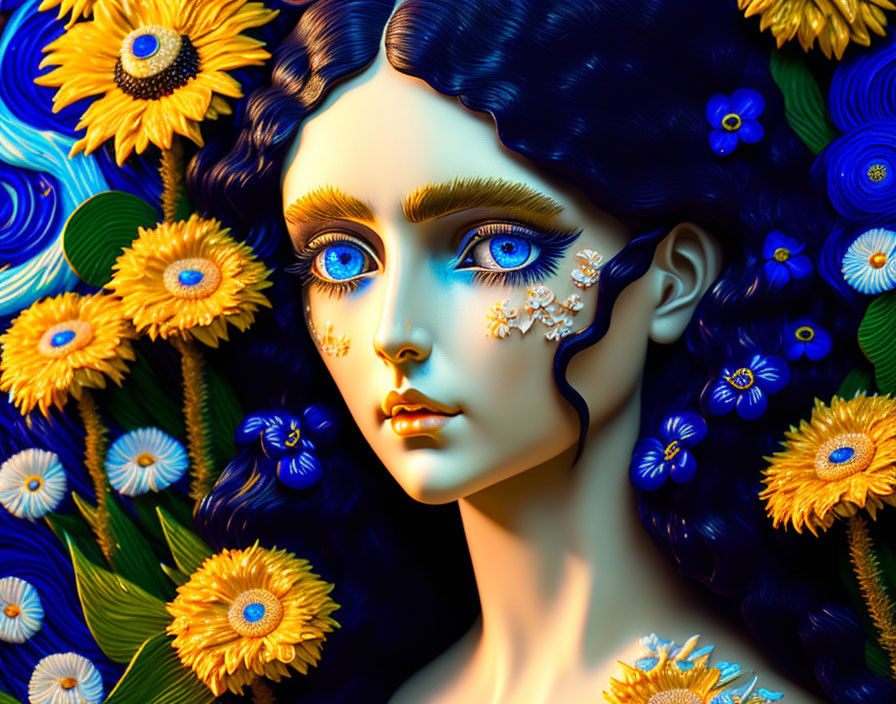 Digital Artwork: Woman with Blue Eyes Surrounded by Sunflowers and Floral Texture