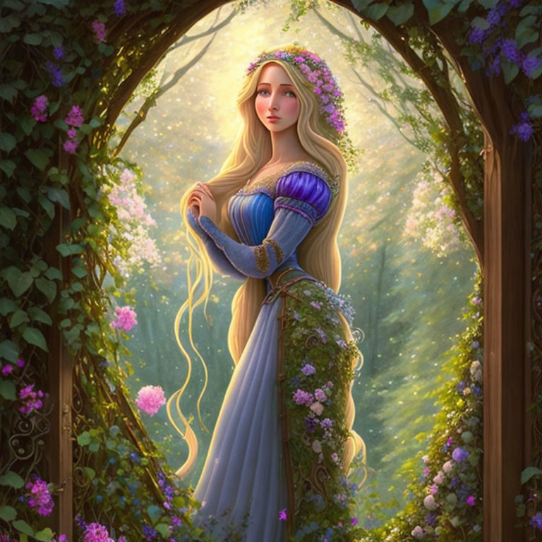 Woman in Enchanted Forest with Long Hair and Pink Flowers