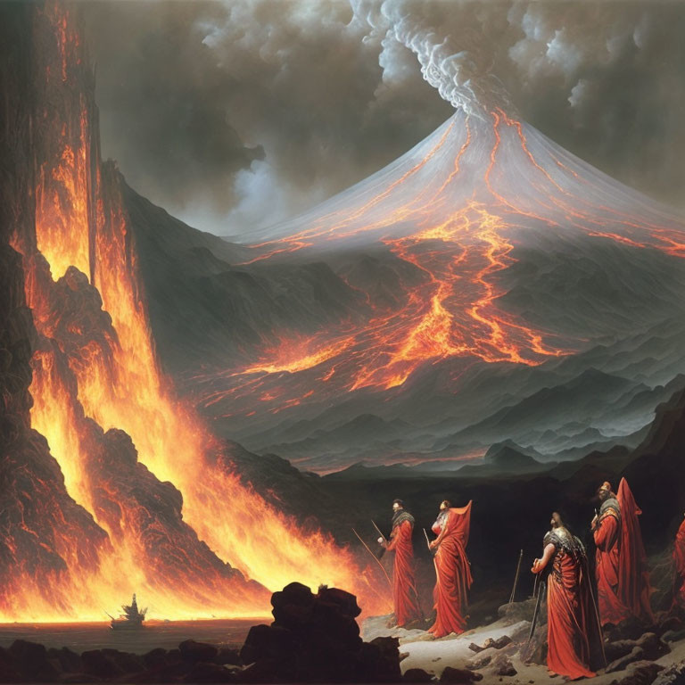 Epic artwork: figures in red cloaks watch erupting volcano