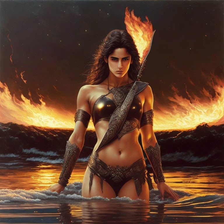 Warrior woman with spear in shallow water at sunset exudes strength.