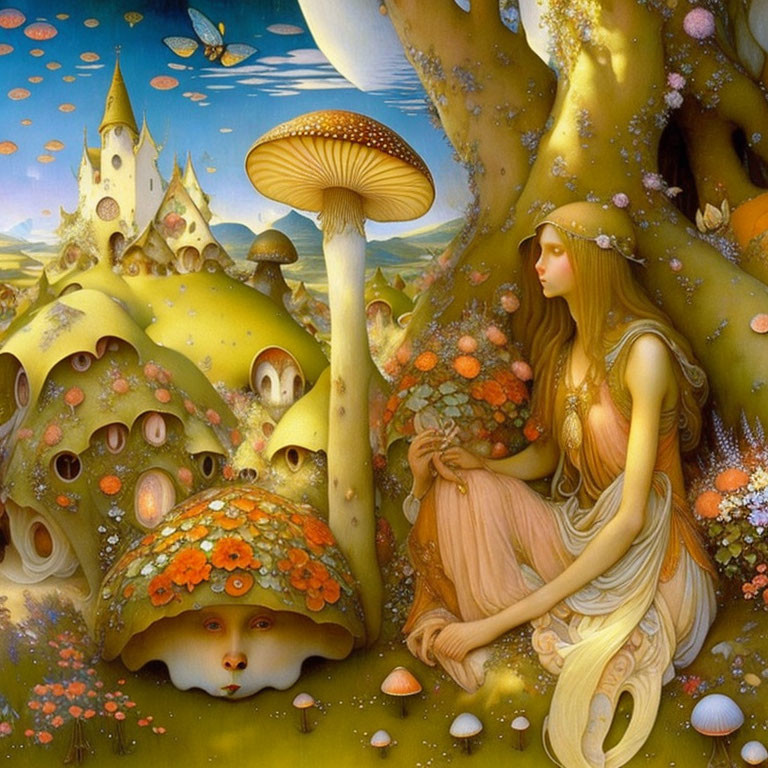 Whimsical painting of long-haired woman by mushroom houses