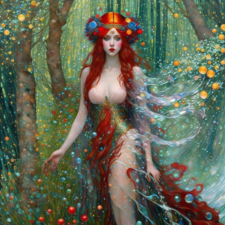 Red-haired woman in vibrant headdress in mystical forest with floating orbs