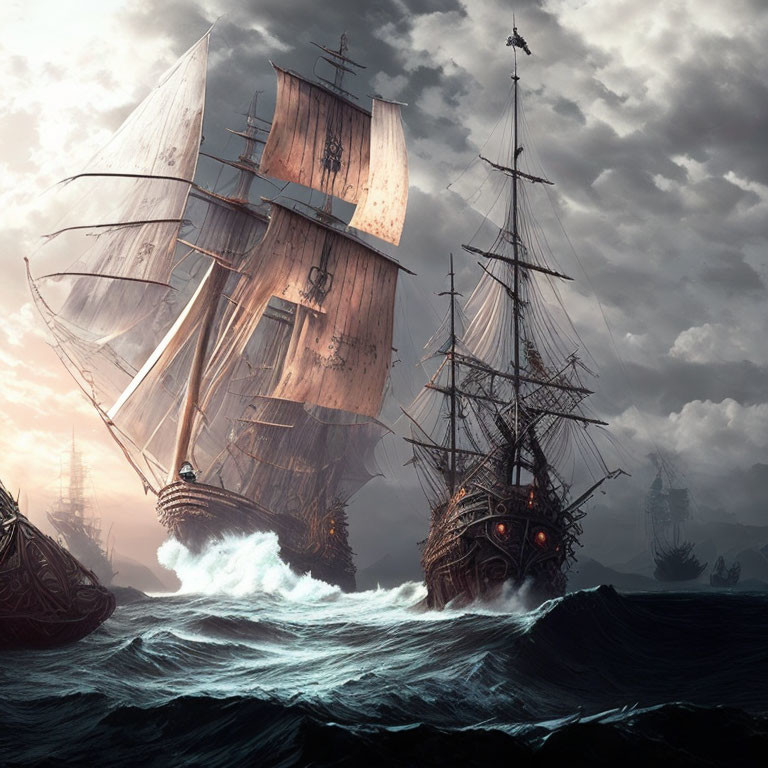 Tall ships with billowing sails on rough seas under a brooding sky