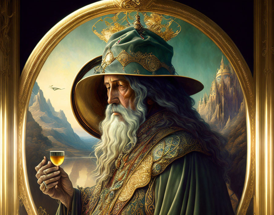 Bearded elderly figure in ornate robes with golden cup and halo, mountains in background