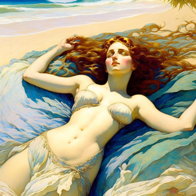 Reclining woman in white bikini on beach with flowing brown hair