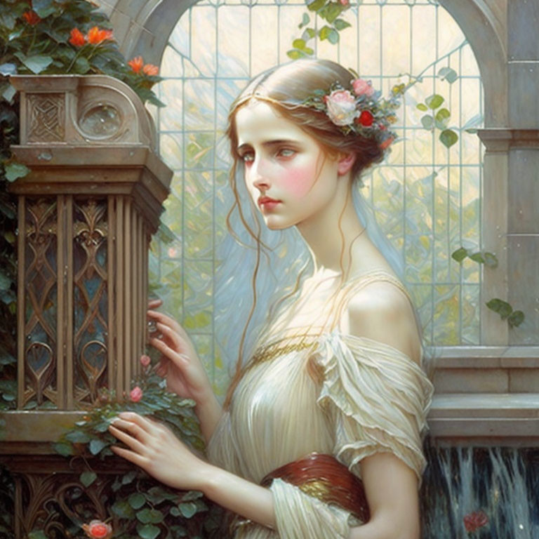 Ethereal woman with floral wreath in flowing gown by stone balcony