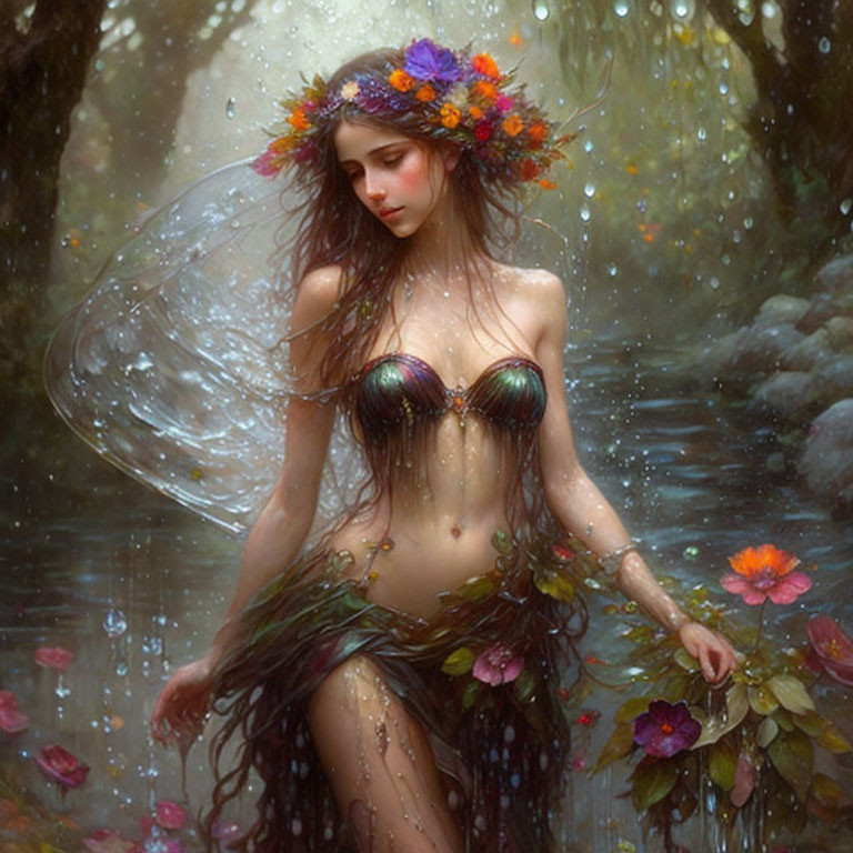 Fantasy illustration of woman in floral wreath in mystical forest