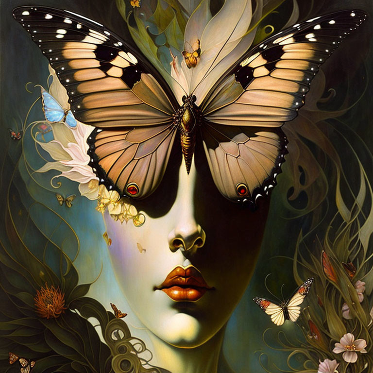 Surreal portrait of woman with butterfly wings for eyes in lush nature scene