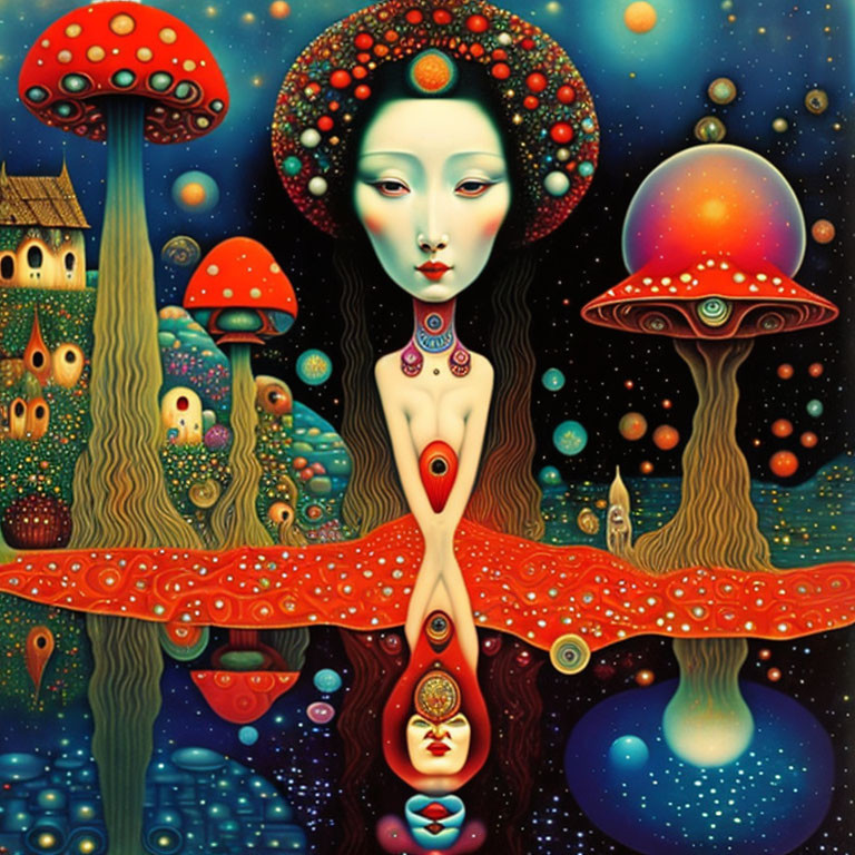 Surrealistic painting of woman with elongated neck and cosmic mushrooms