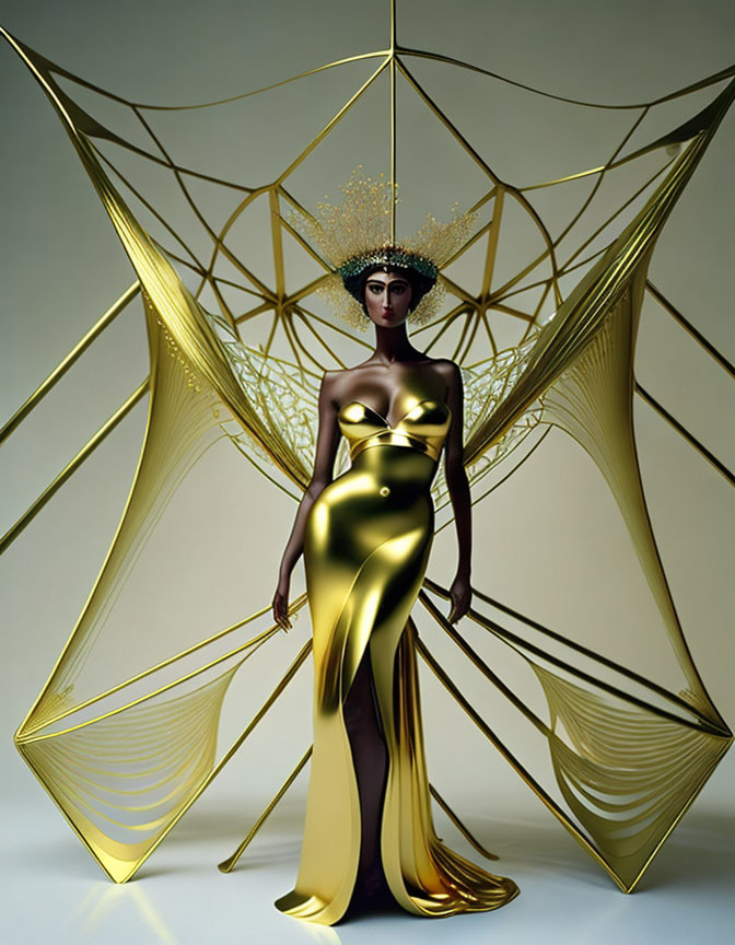 Stylized digital artwork: Female figure in gold dress and headdress against abstract golden backdrop