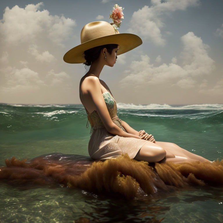 Woman in beige dress and straw hat on floating structure in ocean