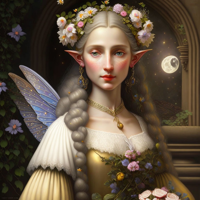 Fair-skinned woman with pointed ears and butterfly wings in moonlit archway