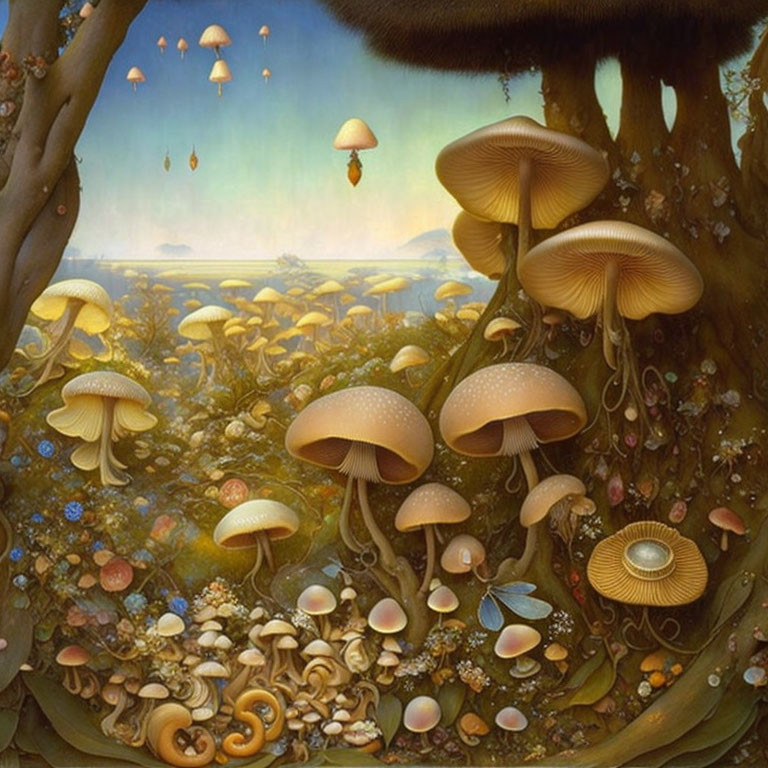 Fantastical painting of oversized glowing mushrooms in mystical forest