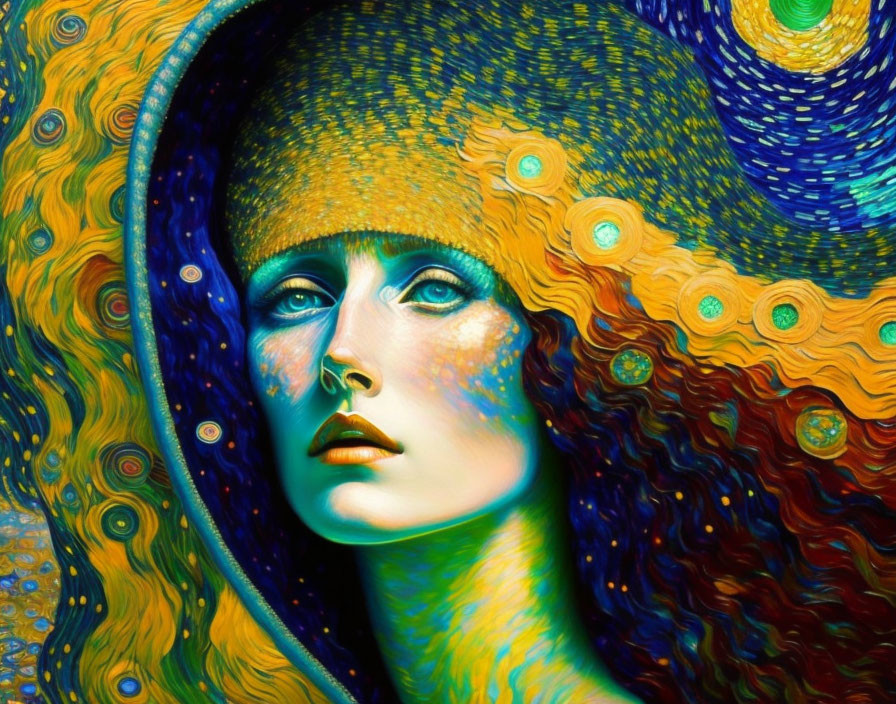 Colorful stylized portrait of a woman with swirling patterns and starry textures.