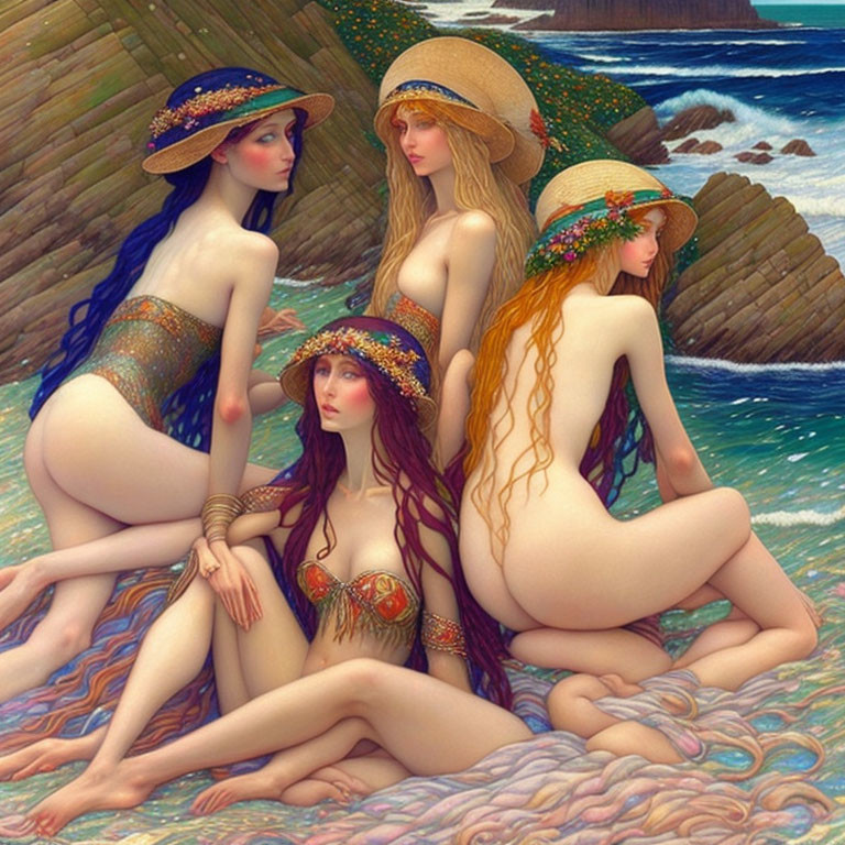 Four Women with Long Hair and Hats Sitting on Rocky Shore