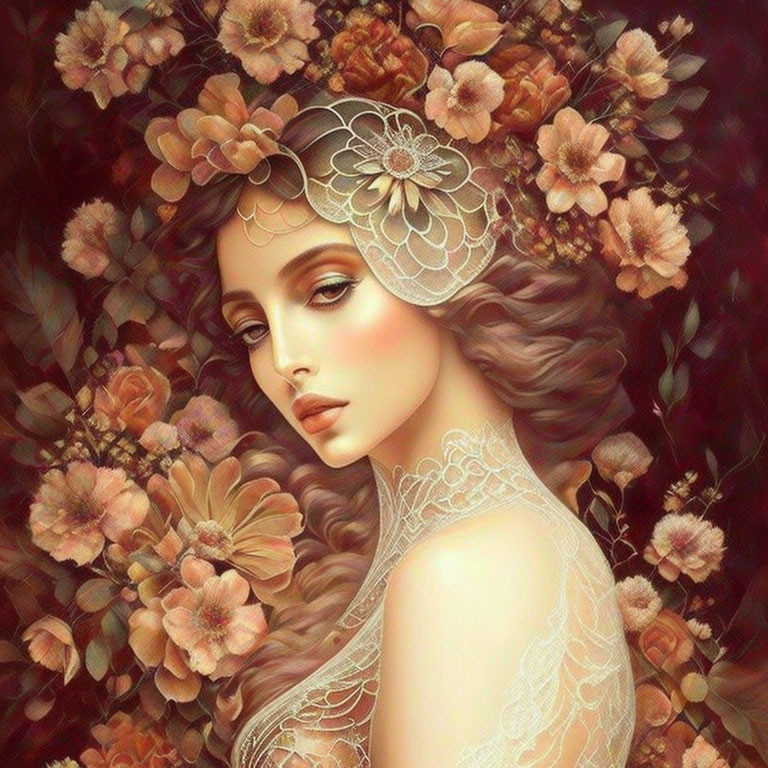 Portrait of woman with wavy hair and floral adornments against backdrop of blooming roses